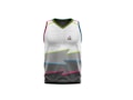 A sleeveless sports jersey with a modern design. The jersey features a pixelated gradient pattern transitioning from white at the top to dark gray at the bottom, accented with bright lines of pink, yellow, and teal. The collar is outlined in black and yellow, and there is a small logo near the upper chest area.