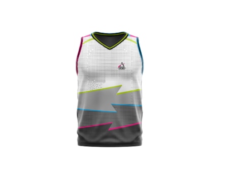 A sleeveless sports jersey with a modern design. The jersey features a pixelated gradient pattern transitioning from white at the top to dark gray at the bottom, accented with bright lines of pink, yellow, and teal. The collar is outlined in black and yellow, and there is a small logo near the upper chest area.