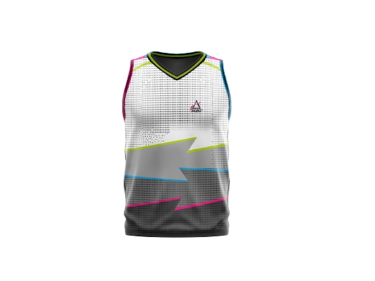 A sleeveless sports jersey with a modern design. The jersey features a pixelated gradient pattern transitioning from white at the top to dark gray at the bottom, accented with bright lines of pink, yellow, and teal. The collar is outlined in black and yellow, and there is a small logo near the upper chest area.