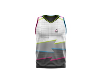 A sleeveless sports jersey with a modern design. The jersey features a pixelated gradient pattern transitioning from white at the top to dark gray at the bottom, accented with bright lines of pink, yellow, and teal. The collar is outlined in black and yellow, and there is a small logo near the upper chest area.