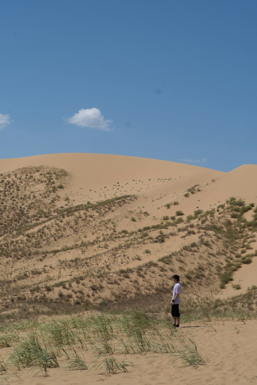 a man flying a kite in the desert