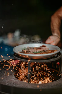 A sizzling pan showing different cooking styles like grilled and seared meats.