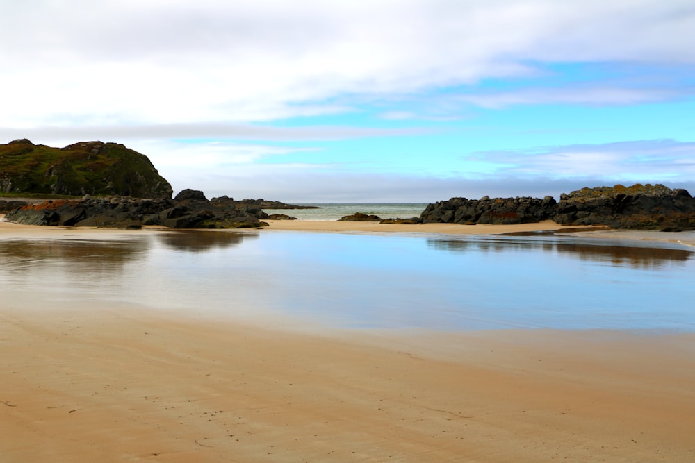 a body of water sitting on top of a sandy beach