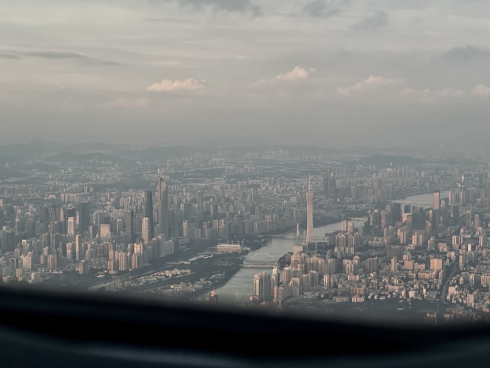 a view of a city from an airplane window