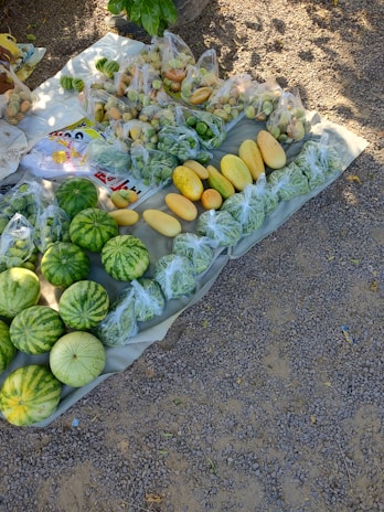 A variety of fresh produce is displayed on a cloth spread over a gravel surface. The assortment includes watermelons, different types of gourds, and green vegetables packaged in plastic bags. Shadows from leaves suggest it's a sunny day.