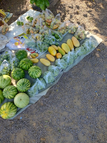 A variety of fresh produce is displayed on a cloth spread over a gravel surface. The assortment includes watermelons, different types of gourds, and green vegetables packaged in plastic bags. Shadows from leaves suggest it's a sunny day.