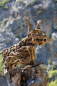 A sculpture made from intertwined pieces of driftwood resembling a wild animal, possibly a lynx or a cat, perched on a tree stump. The texture of the wood is rough and natural, with small specks of dust or pollen visible in the air around it. In the background, there is a blurred view of rocky terrain and greenery.