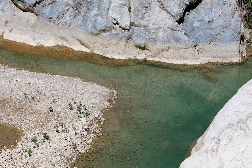 a river running through a rocky area next to a cliff