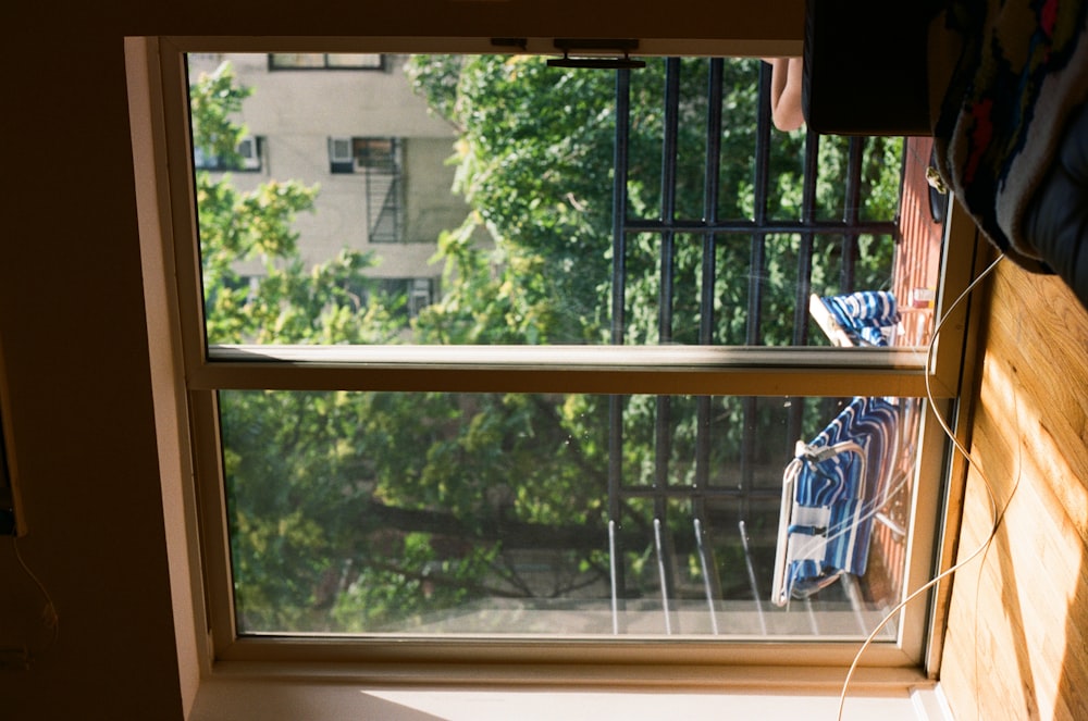 a window with a view of a tree outside