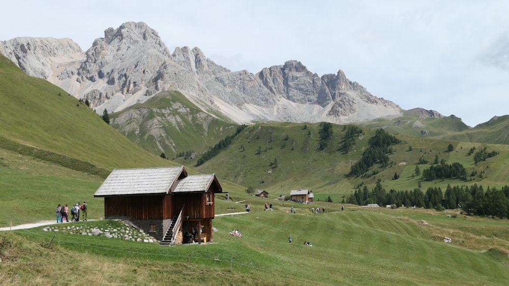 a group of people standing on top of a lush green hillside