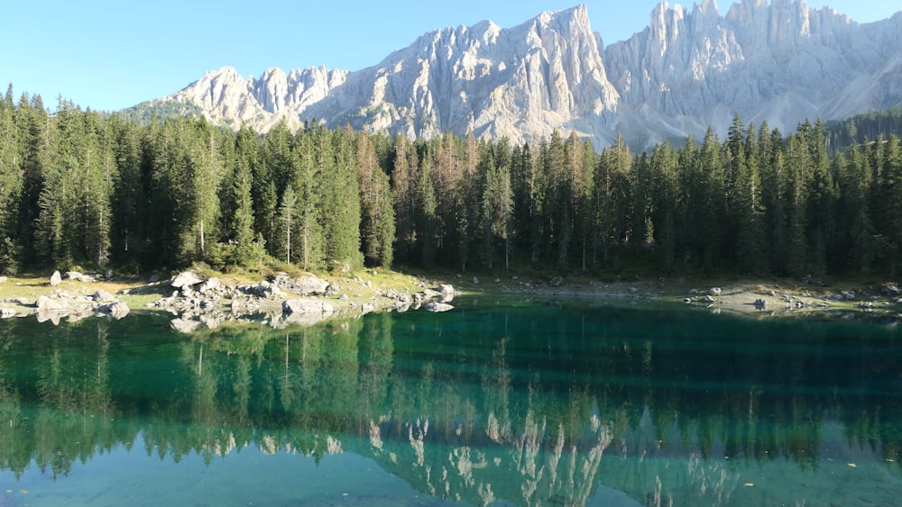 a lake surrounded by trees with mountains in the background