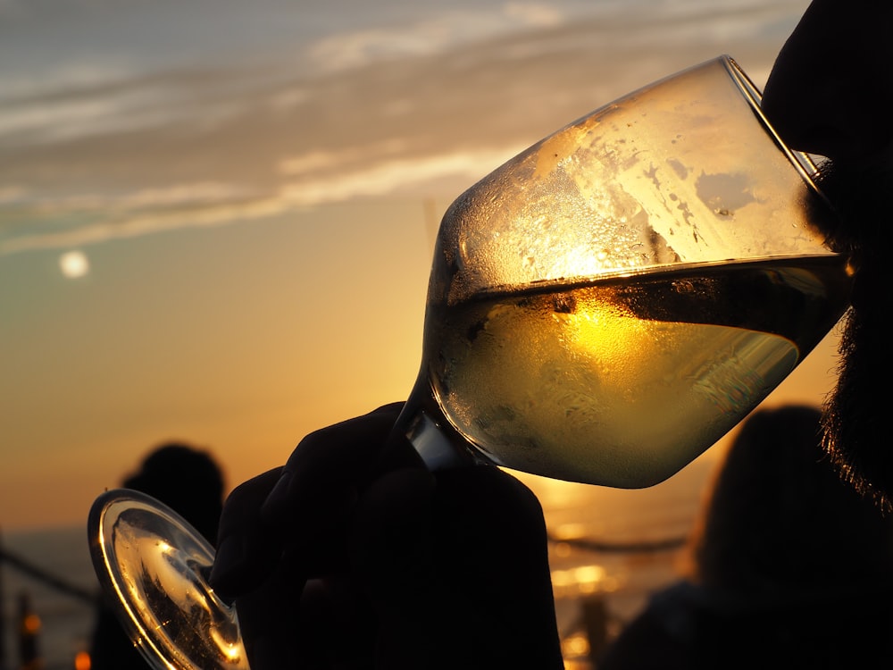 a person holding a wine glass with a sunset in the background