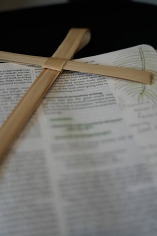 A palm cross rests atop the open pages of a book, possibly a Bible. The text is partially visible, with some sections highlighted in green. The background is a dark surface, providing contrast against the light colors of the page and cross.