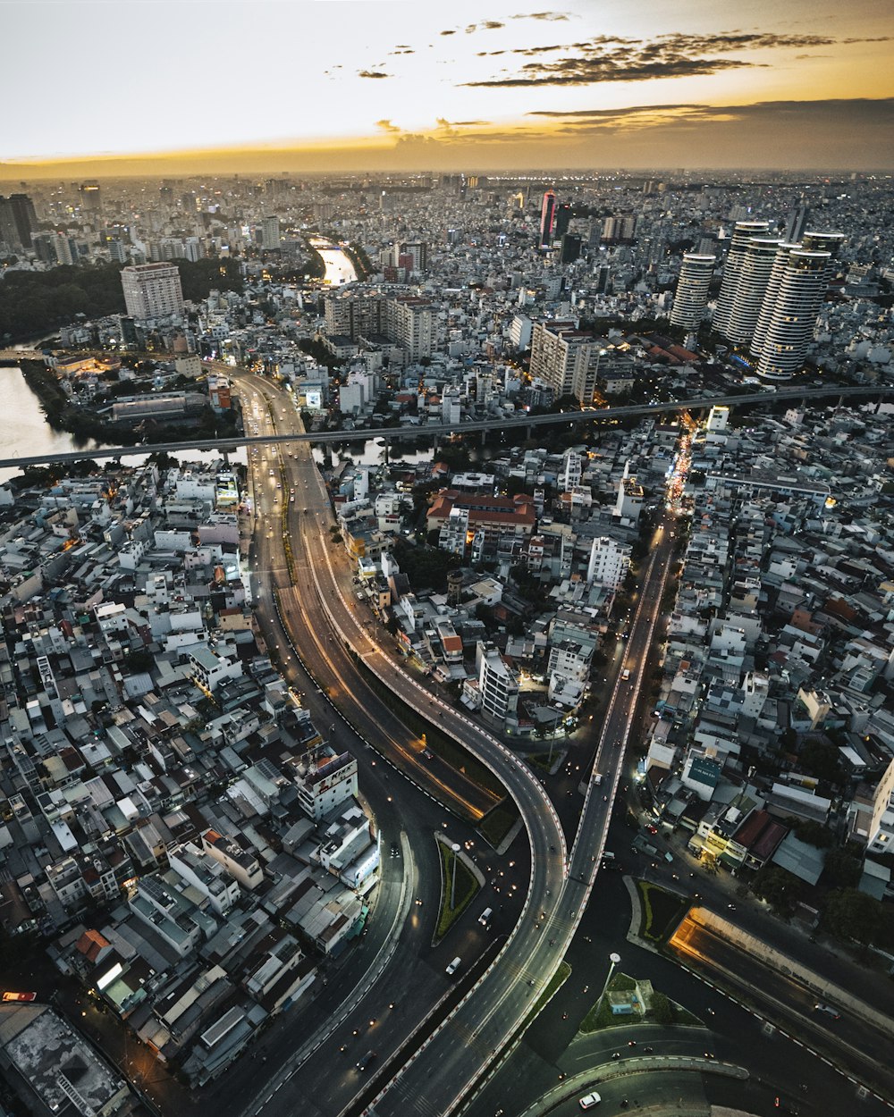 an aerial view of a city at night