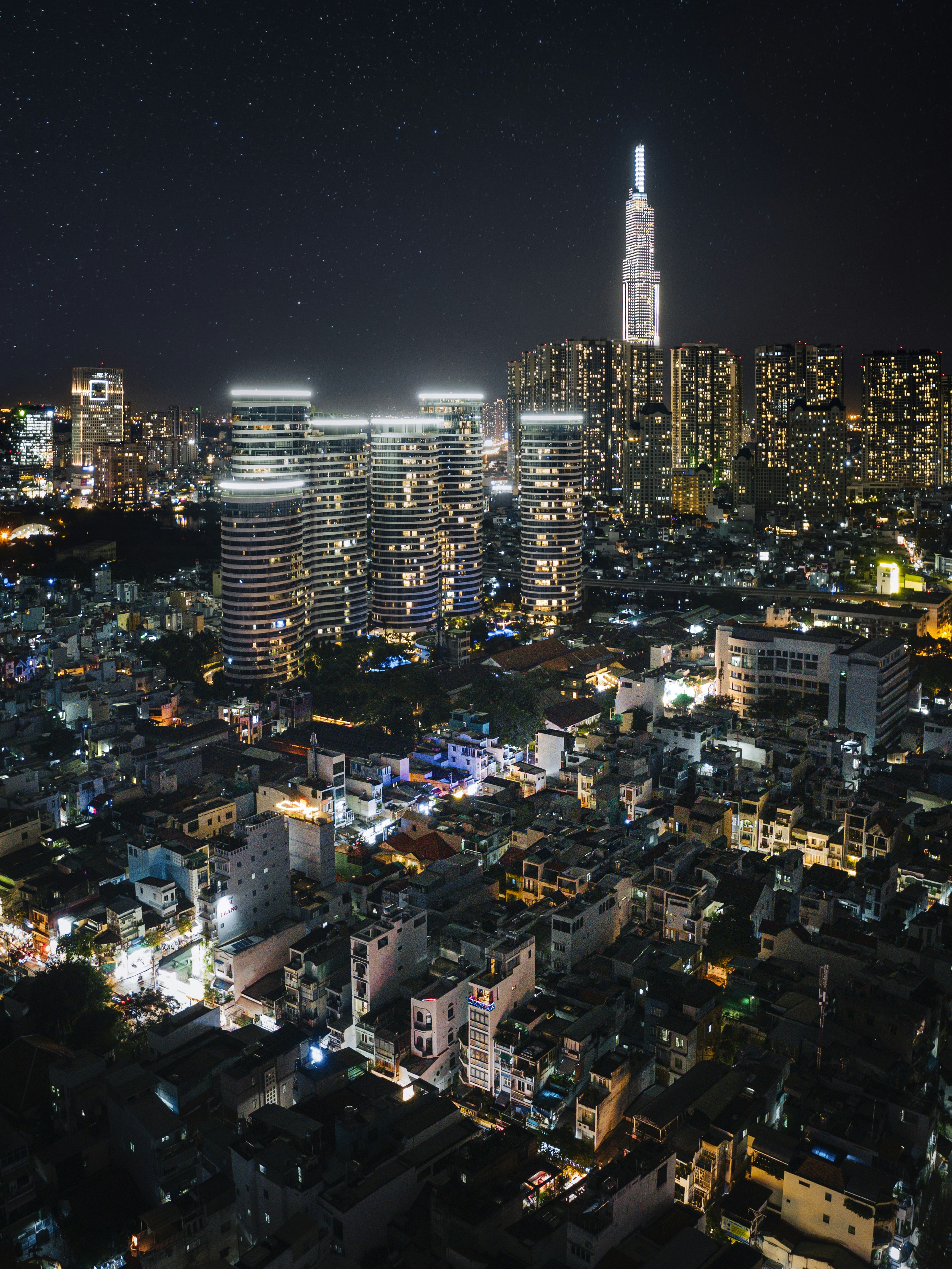 a view of a city at night from above
