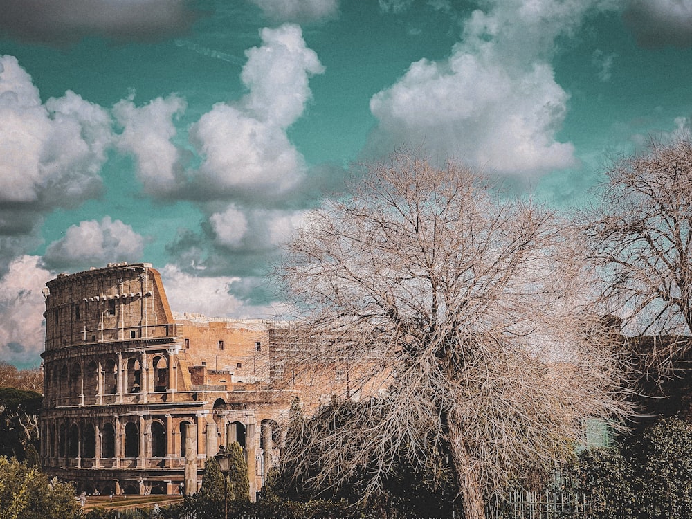 an old building with a tree in front of it