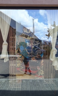 A reflective glass surface reveals a vibrant mural or display featuring an illustrated character holding a large blue book with the words 'Wisdom' and 'Books' visible. The art includes a whimsical creature beside the character. The glass showcases a distinct reflection of a street scene with buildings, paving, and a blue sky with clouds. Sheer curtains are partially seen hanging inside.