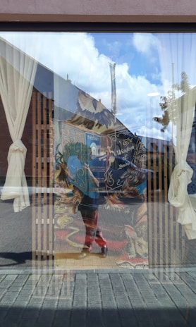 A reflective glass surface reveals a vibrant mural or display featuring an illustrated character holding a large blue book with the words 'Wisdom' and 'Books' visible. The art includes a whimsical creature beside the character. The glass showcases a distinct reflection of a street scene with buildings, paving, and a blue sky with clouds. Sheer curtains are partially seen hanging inside.