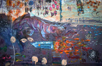 Olita painting vibrant abstract shapes blending science symbols and ocean waves.