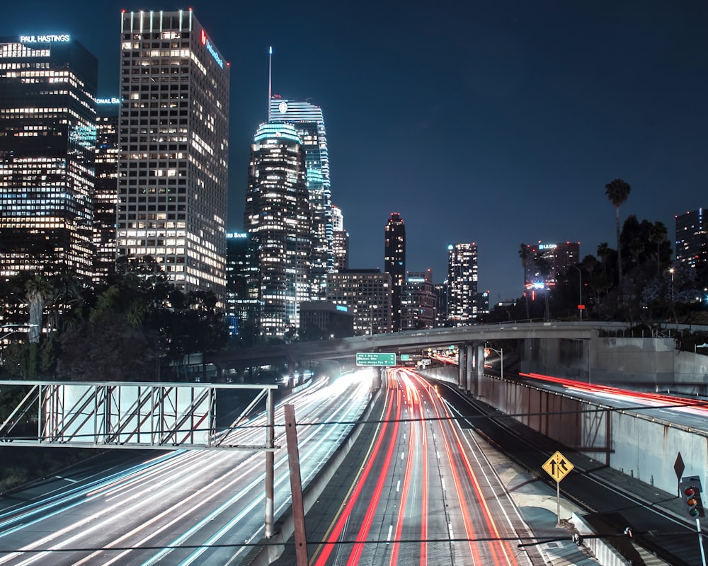 a city skyline at night with long exposure