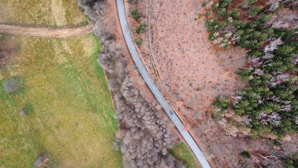 an aerial view of a winding road in the woods