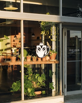 A coffee shop window display features several potted plants on a wooden shelf with a large white decorative coffee-related design. The interior of the shop is visible, showing wooden furniture and hanging lights, creating a cozy and inviting atmosphere.