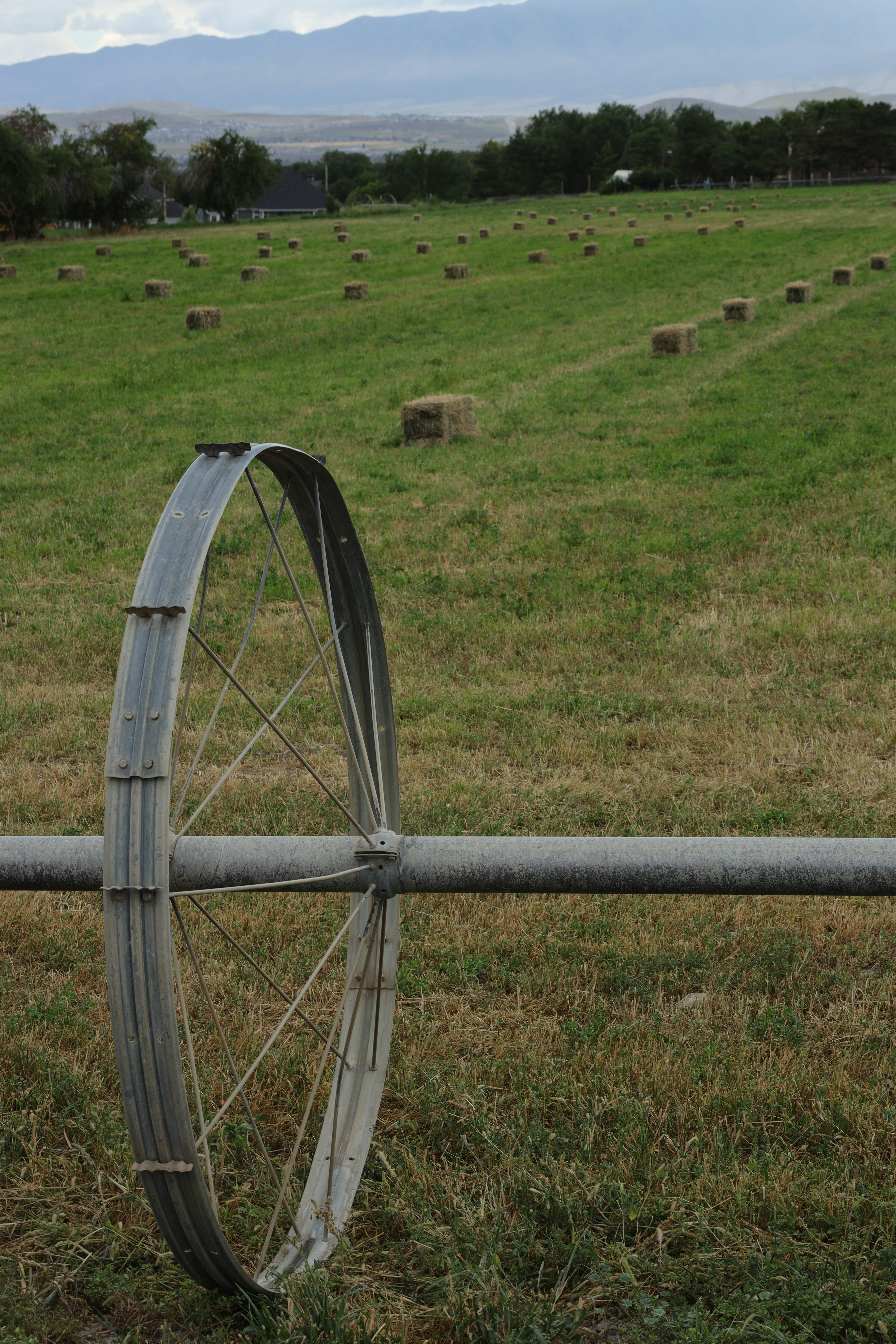 an old wheel leaning on a fence in a field