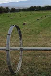 A large open field with neatly arranged bales of hay scattered across the grassy landscape. In the foreground, a metallic irrigation wheel is visible, indicating agricultural activity. Trees and hills can be seen in the background under a cloudy sky.