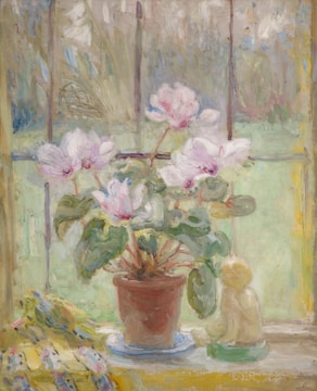 A painting features a potted plant with blooming pink and white flowers placed on a windowsill. The background is a blurred depiction of a window, suggesting an outdoor garden scene. Beside the plant, there is what appears to be a small figurine. The brushstrokes are soft and impressionistic, conveying a gentle, serene atmosphere.