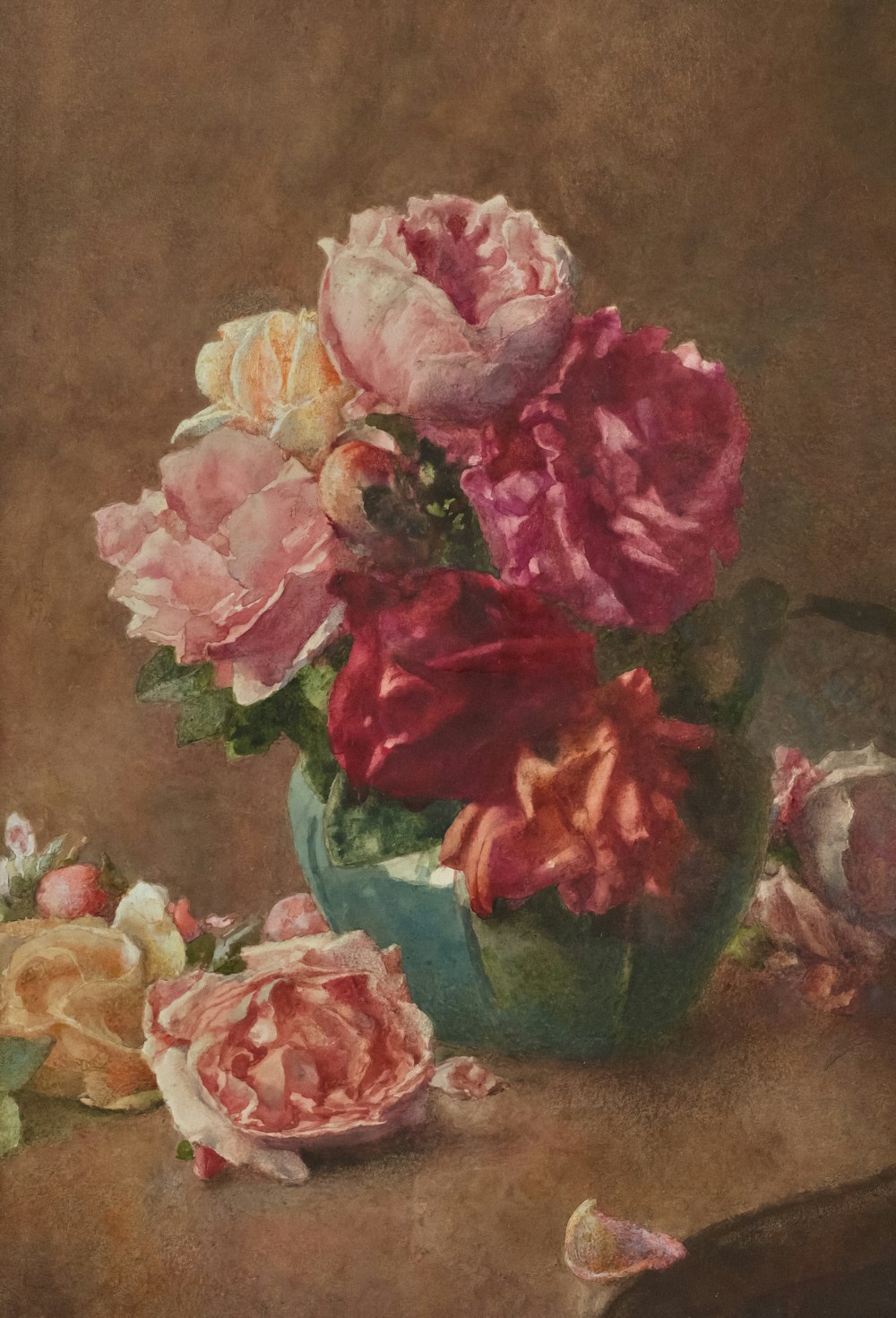 a painting of a vase of flowers on a table