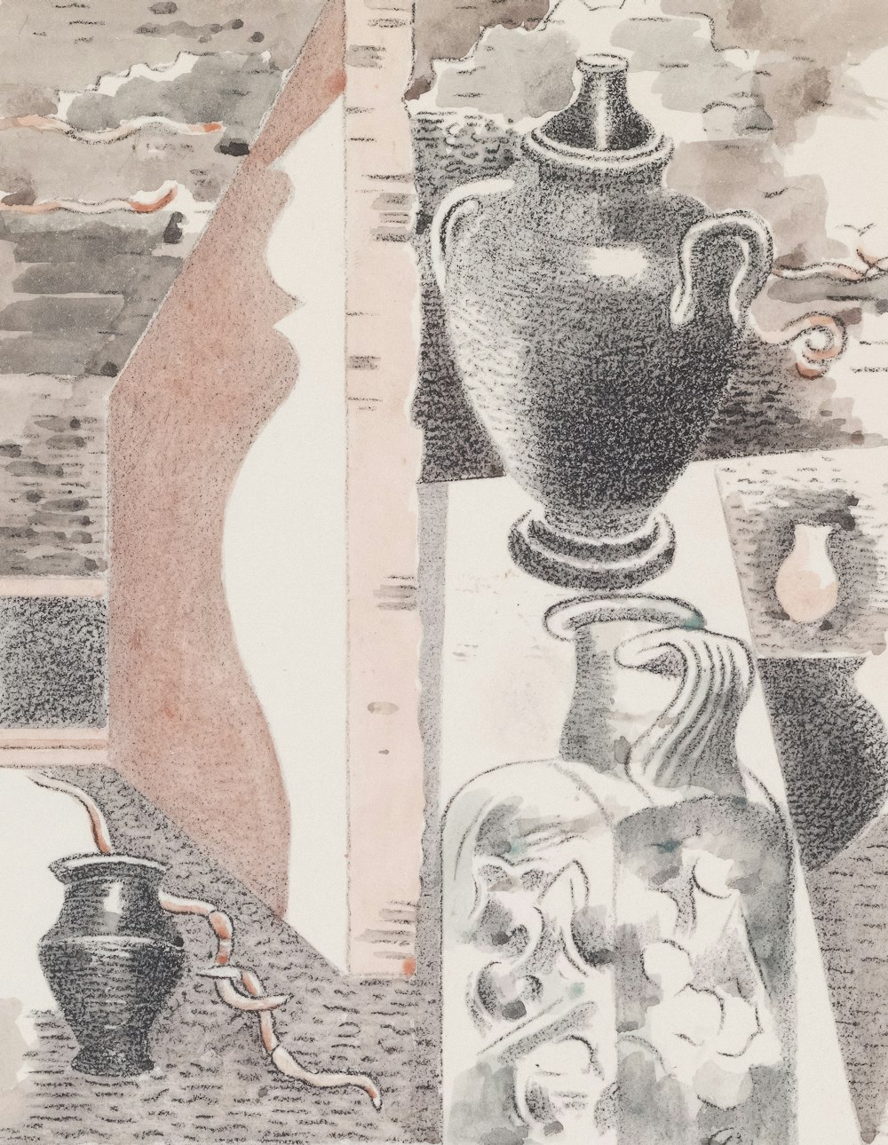 a drawing of a vase and other objects