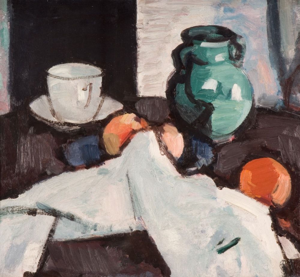 a painting of a person laying down next to a vase