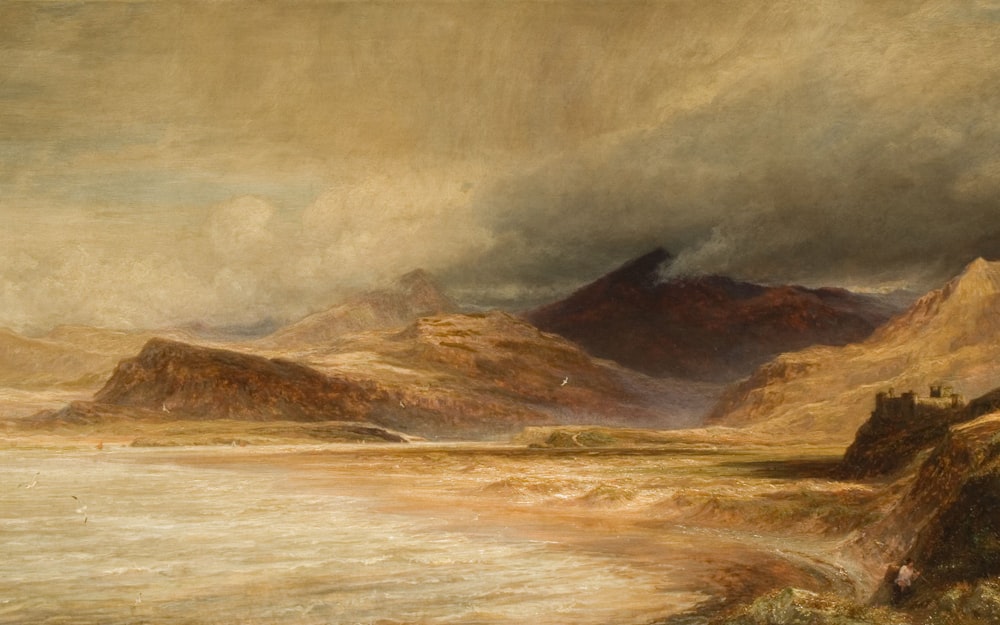 a painting of a mountain range with a body of water