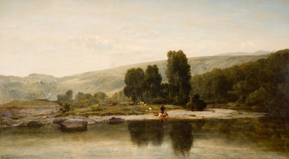 a painting of a person sitting on a rock by a river