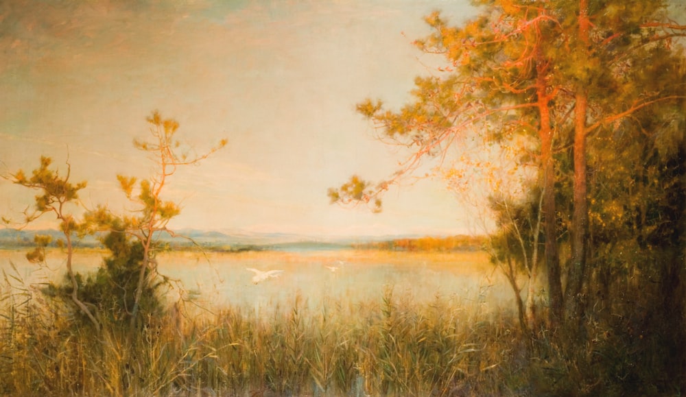 a painting of a lake with trees in the foreground