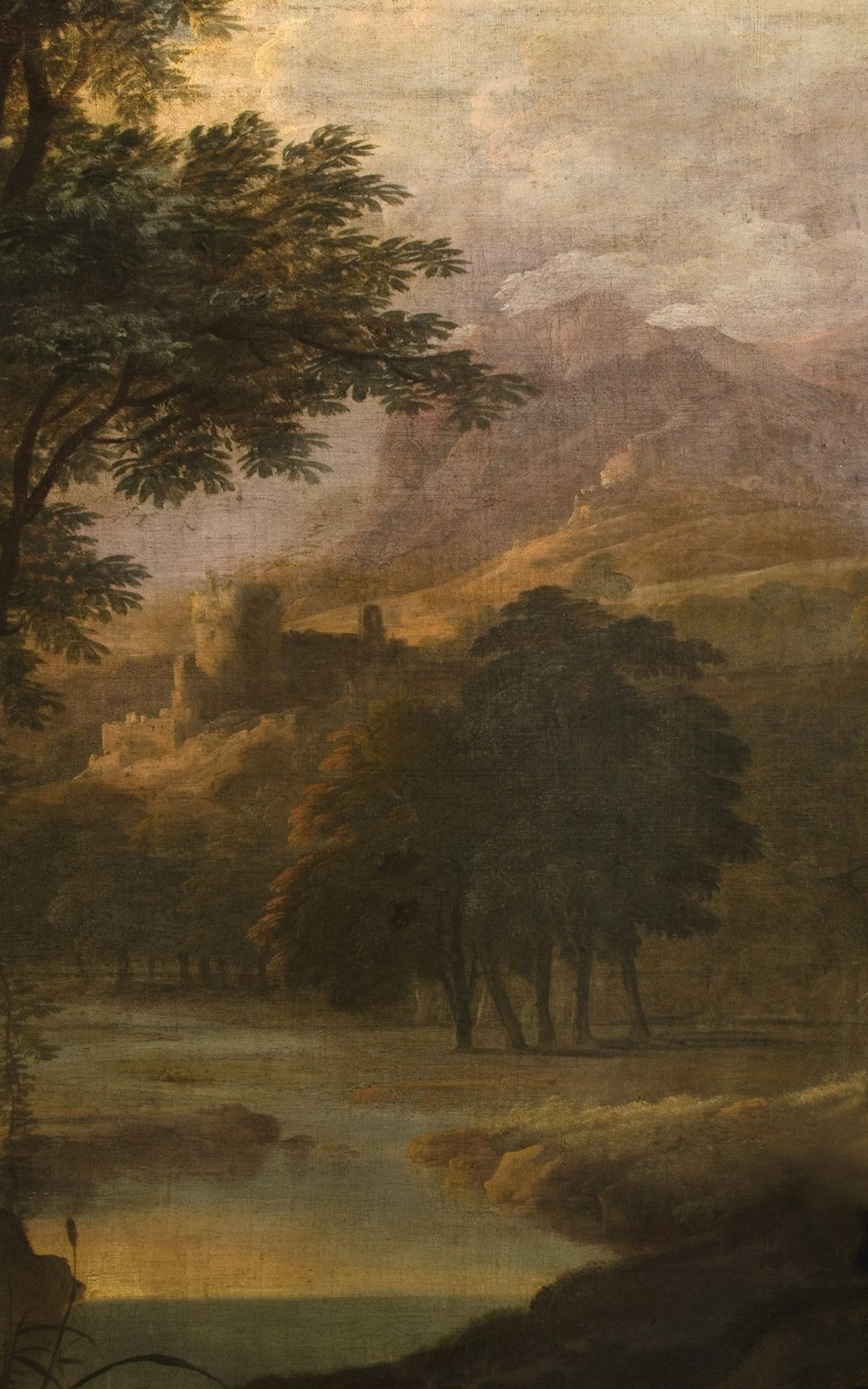 a painting of a mountain landscape with a river