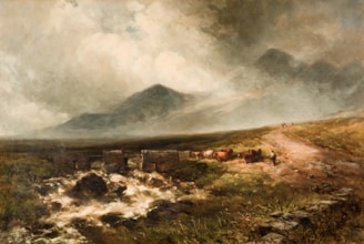 A pastoral scene with a mountainous backdrop. The landscape features a flowing stream with large rocks, a path leading into the distance, and a few cows grazing near the path. A solitary figure walks alongside the path under a cloudy sky, creating a sense of solitude and tranquility.