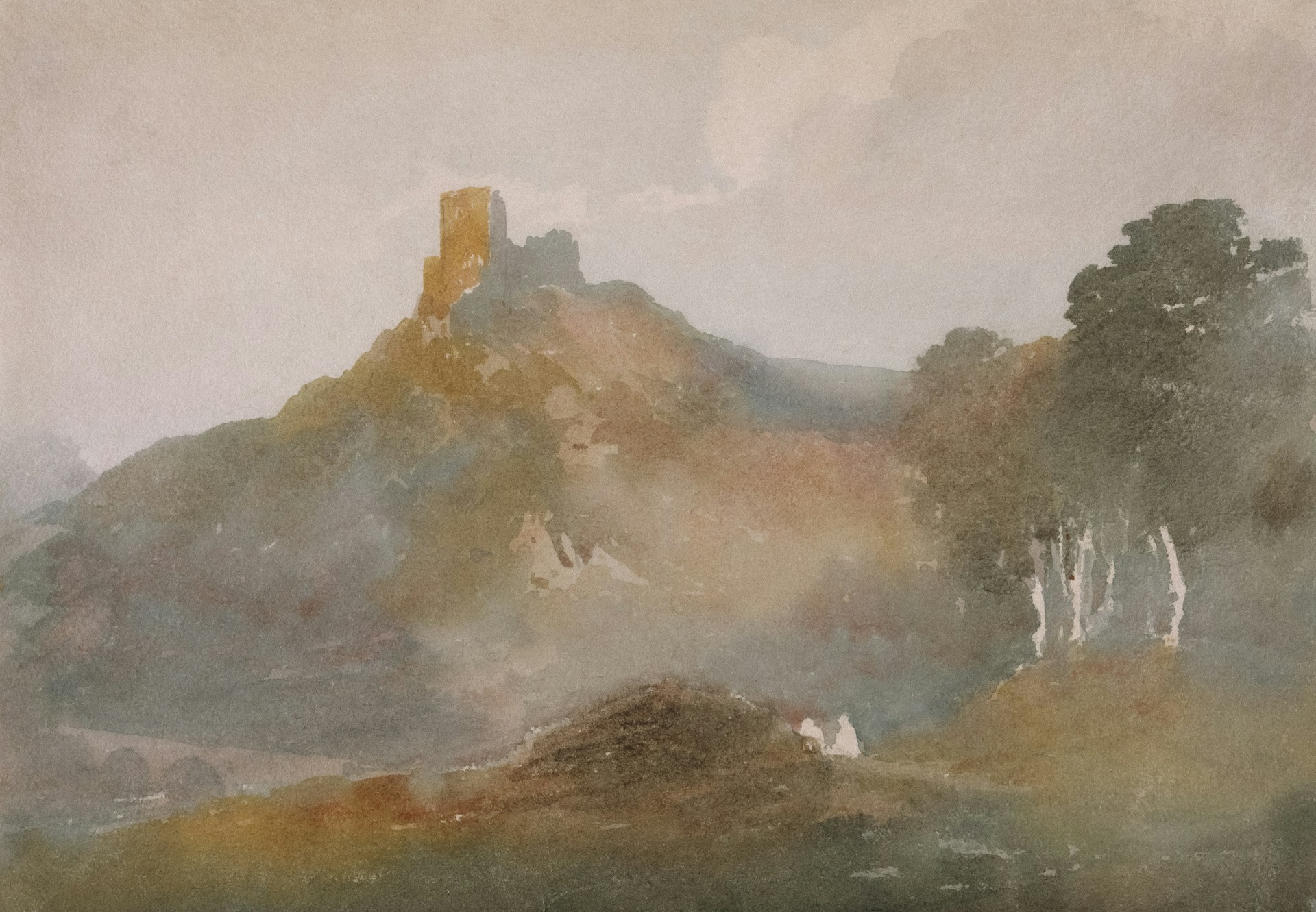 A watercolor painting depicting a serene landscape featuring a hill with an old castle structure on top. The hill is surrounded by mist or fog, with trees on the right side. The color palette is muted with soft earth tones.