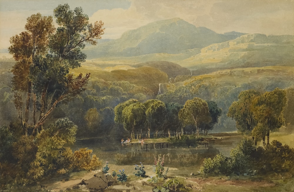 a painting of a landscape with a lake and trees