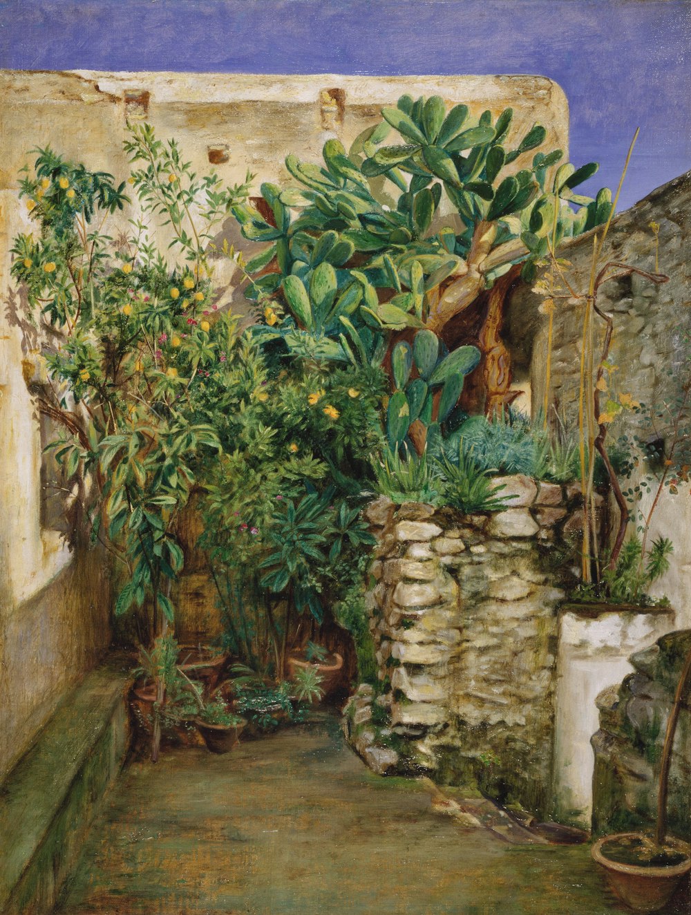 a painting of a courtyard with potted plants