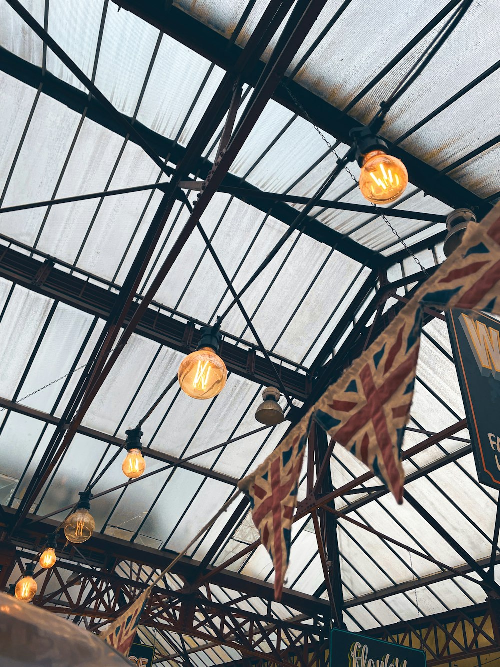 a group of lights hanging from the ceiling of a building