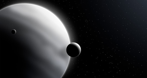 A large planet with a smooth, cloud-covered surface is partially visible, accompanied by two smaller moons in close proximity. The backdrop is a star-filled, dark space environment, creating a sense of vastness and mystery.
