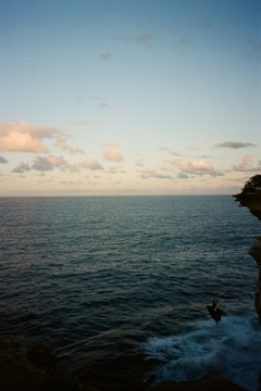 A vast ocean stretches towards the horizon under a partly cloudy sky. The horizon line is slightly elevated in the composition. On the right side, a figure is performing a bungee jump off a cliff into the blue waters below, creating a sense of adventure and exhilaration.