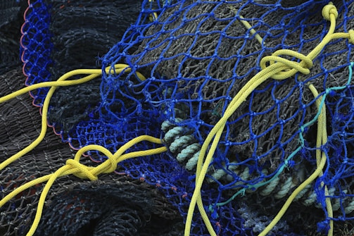 An intricate tangle of fishing nets featuring blue, yellow, and gray ropes and lines. The texture of the nets and the interwoven lines create a complex and rugged pattern.