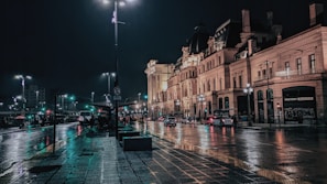A city street scene at dusk, with neon lights reflecting on wet pavement.