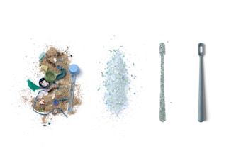 A composition of four aligned elements on a white background. From left to right: a pile of beach debris including sand, small plastic items and bottle caps; a mound of finely shredded plastic pieces; a narrow strip of shredded plastic; and a grey plastic dental tool.