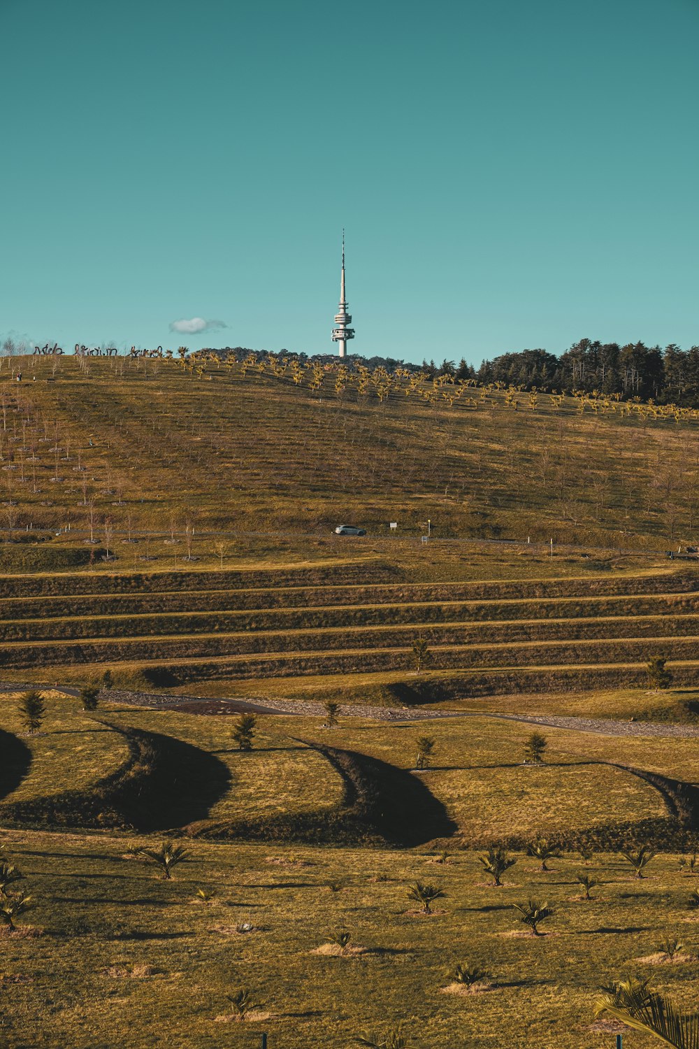 uma colina com uma torre no topo dela