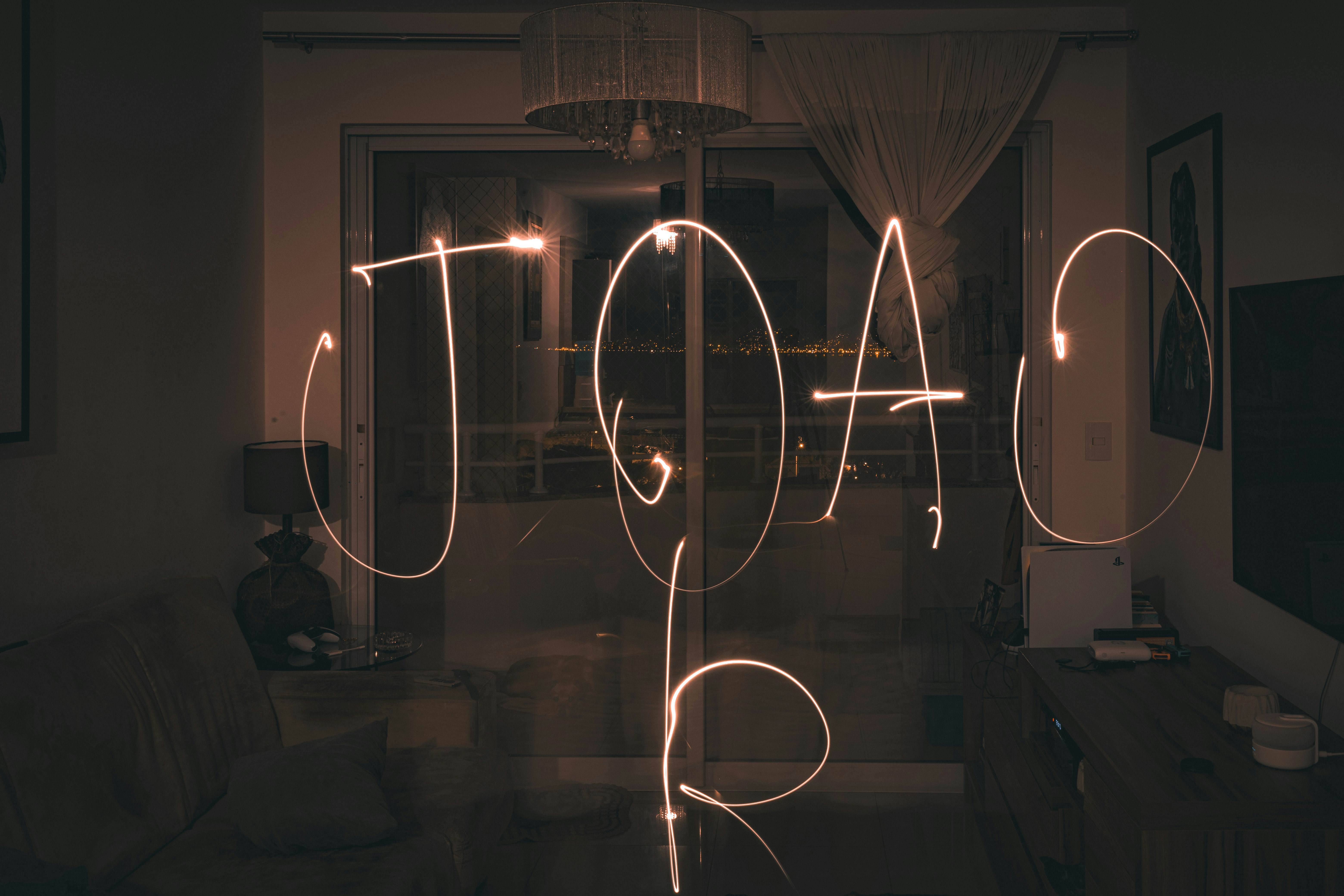 a blurry photo of a living room with lights