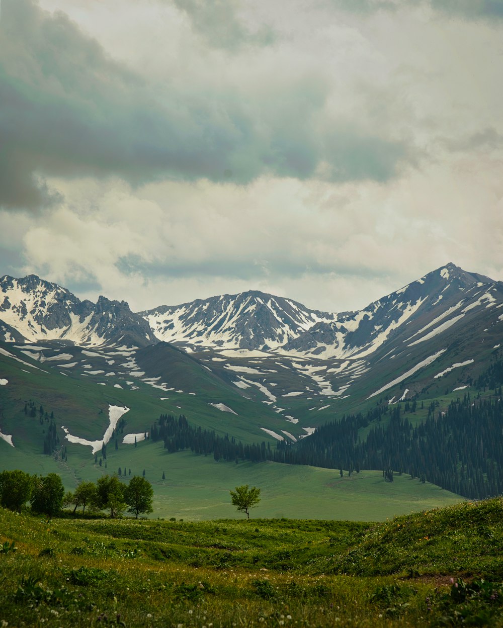 a mountain range with snow capped mountains in the distance