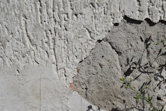 A close-up view of a weathered wall with peeling stucco or plaster. The texture is rough and uneven, with visible cracks and exposed concrete underneath. Shadows of small plants can be seen on the surface, indicating nearby vegetation.